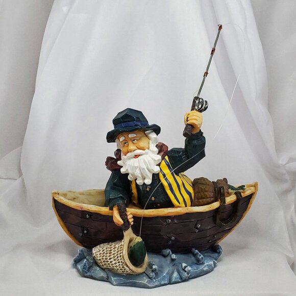 VTG Hand-Painted Santa Fisherman Figurine Boat With Fishing Rod Nautical Resin - Picture 7 of 11